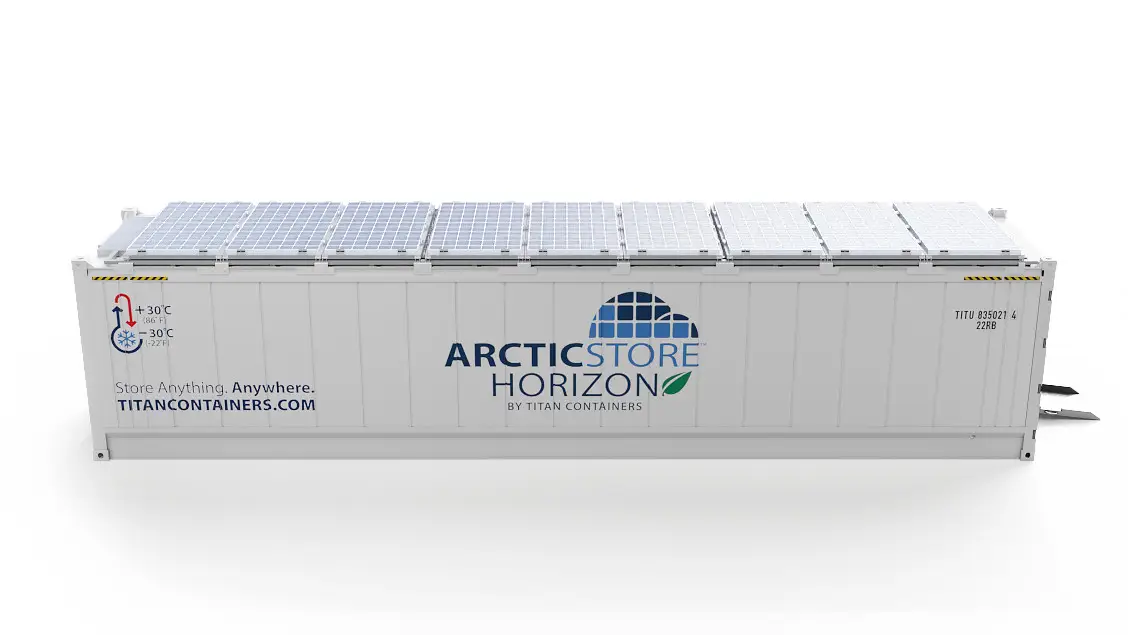 配备太阳能板的40英尺ArcticStore Horizon侧面视图